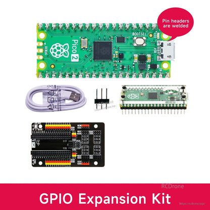 GPIO expansion kit with Pico 2 board, USB cable, 3-pin header, clear case and expansion board