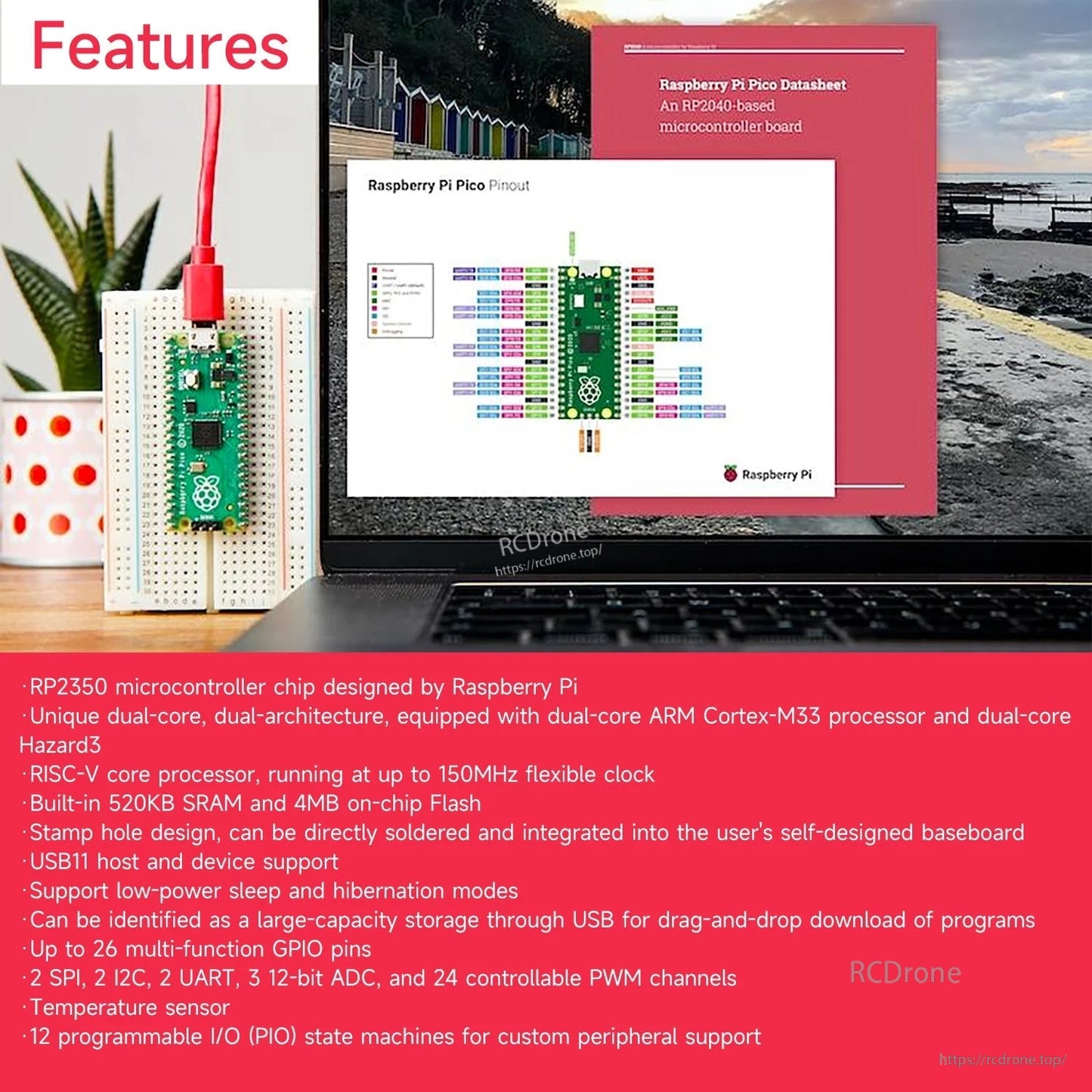 Raspberry Pi Pico 2 features graphic with board on breadboard and Pico 2 pinout/datasheet shown on laptop