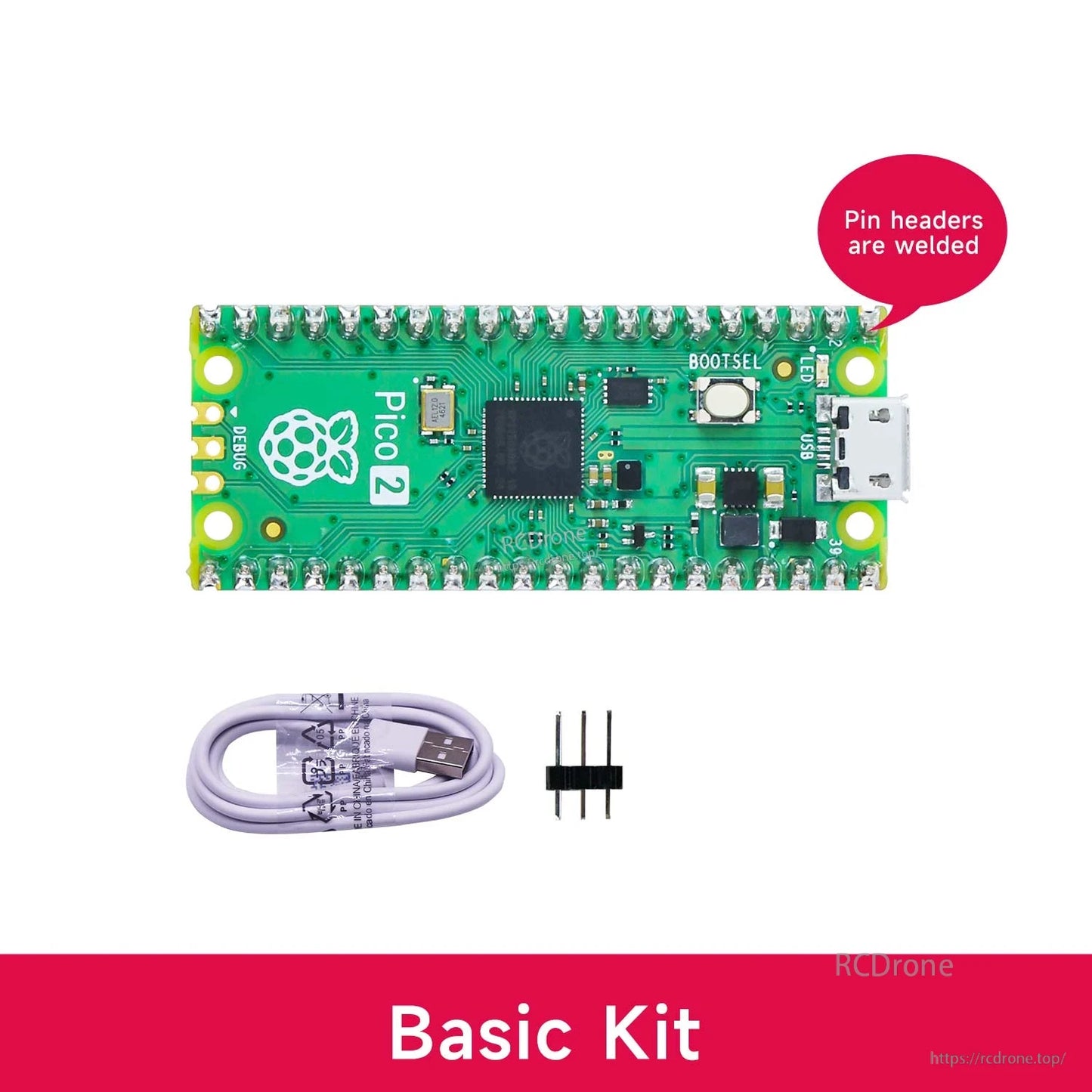 Raspberry Pi Pico 2 basic kit with board, USB cable and 3-pin header included