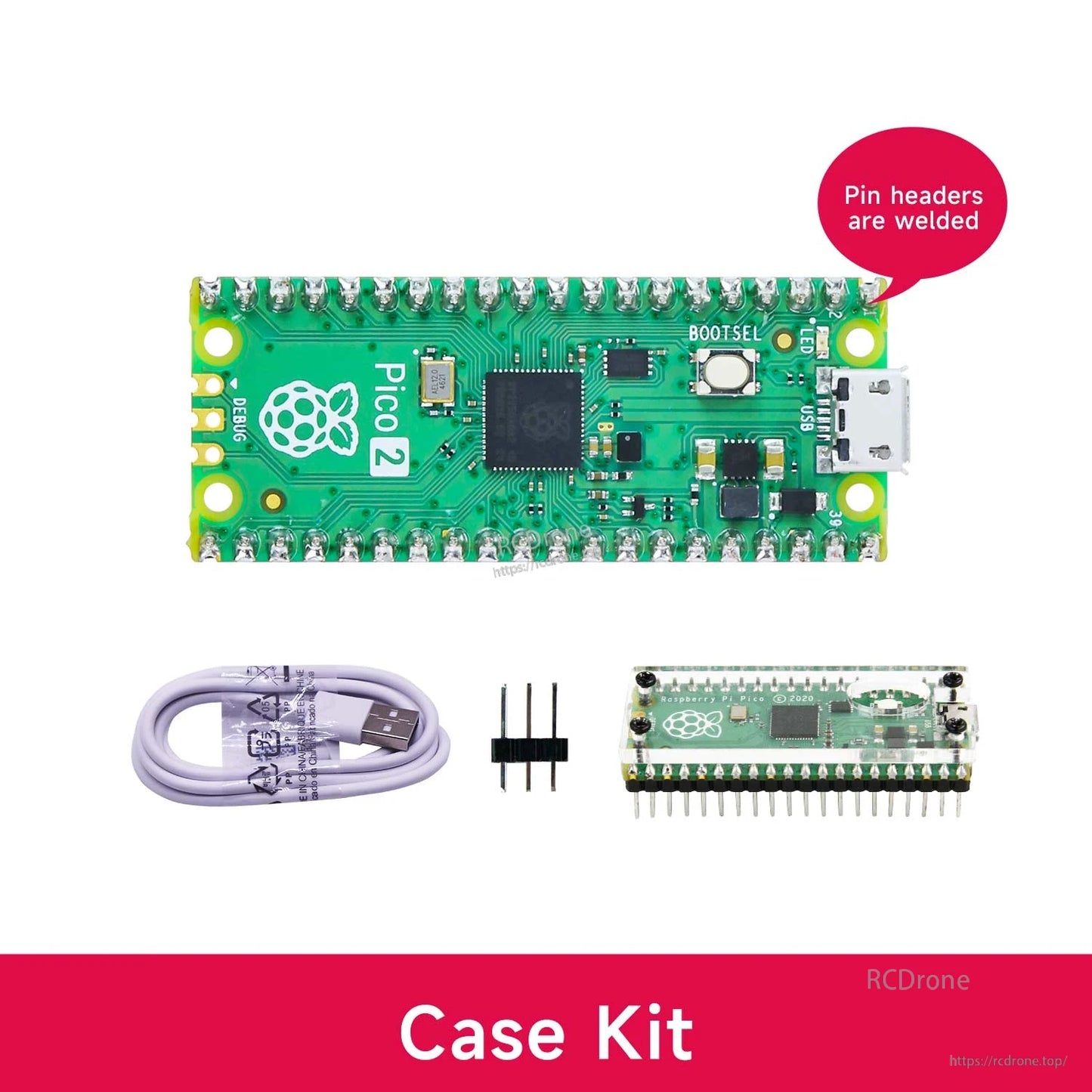 Case kit bundle showing Pico 2 board, USB cable, 3-pin header and clear protective case