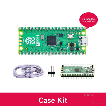 Case kit bundle showing Pico 2 board, USB cable, 3-pin header and clear protective case