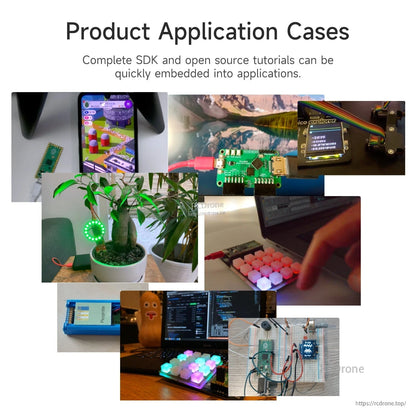 Product application cases collage showing Pico 2 projects like displays, RGB lighting, keypad and breadboard wiring