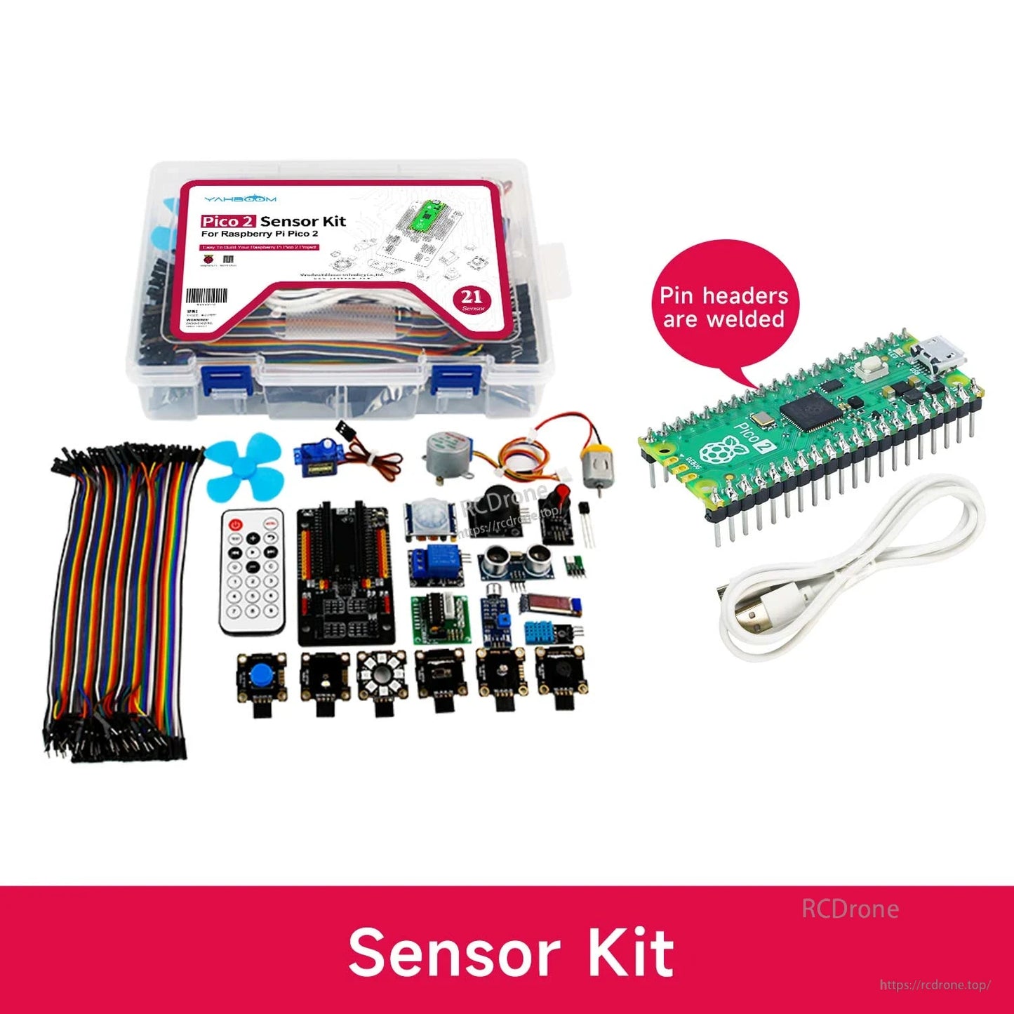 Raspberry Pi Pico 2 sensor kit bundle with Pico 2 board, USB cable, jumper wires and assorted sensor modules