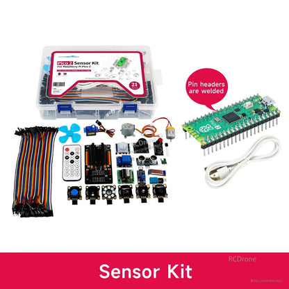Raspberry Pi Pico 2 sensor kit bundle with Pico 2 board, USB cable, jumper wires and assorted sensor modules