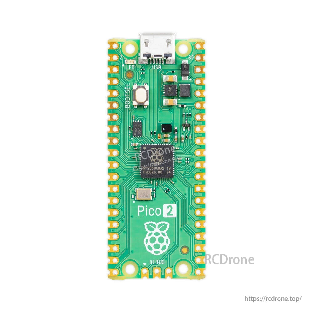 Raspberry Pi Pico 2 features RP2350 dual-core chip, 520KB SRAM, 4MB flash, 26 GPIO pins, and operates at 1.8–5.5V.
