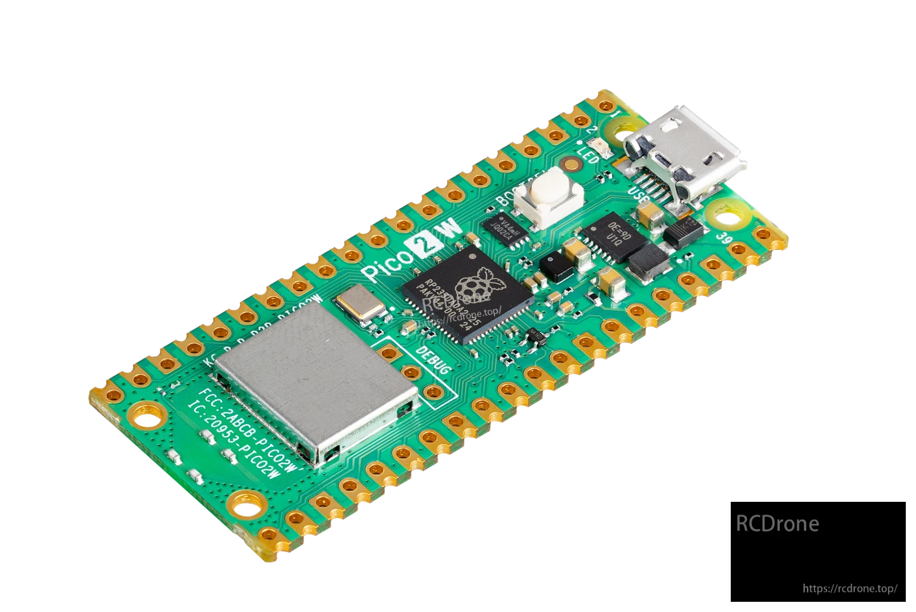 Raspberry Pi Pico 2 W: dual-core RP2350, Wi-Fi, Bluetooth 5.2, 4MB flash, 520KB SRAM, USB-C, LED, GPIO, debug interface, FCC ID.