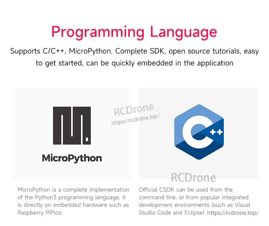 Programming language support graphic for MicroPython and C/C++ with notes about SDK use in common IDEs