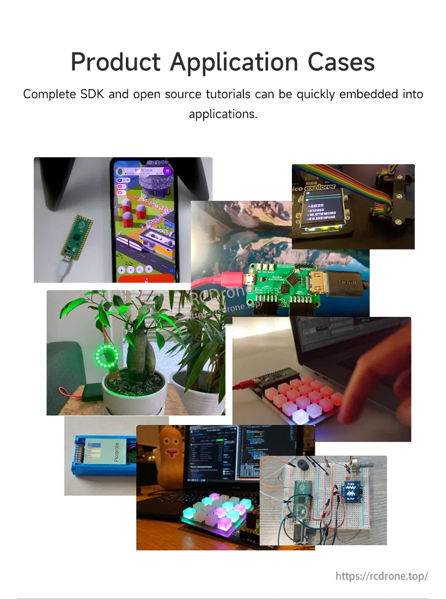Raspberry Pi Pico 2 application collage showing example projects like displays, lighting, and control builds