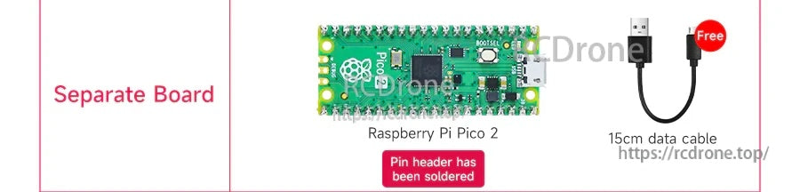 Raspberry Pi Pico 2 development board with pin headers and a short 15cm USB data cable