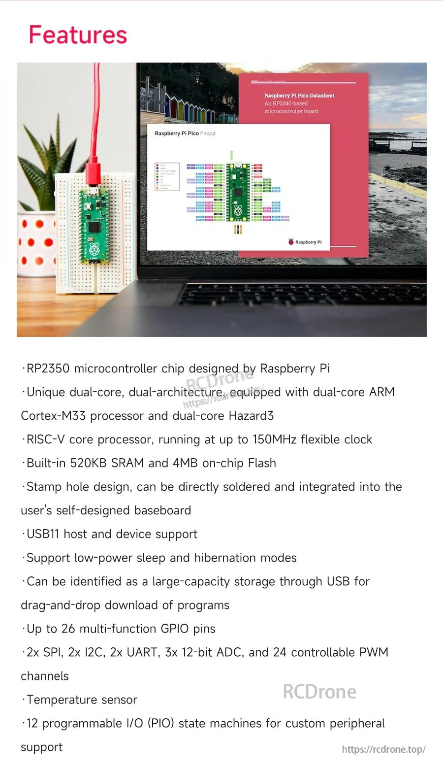 Features list for Raspberry Pi Pico 2 with laptop setup, emphasizing USB drag-and-drop programming and peripheral support