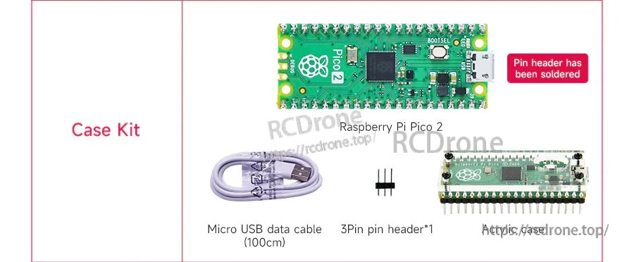Raspberry Pi Pico 2 board with soldered pin headers, plus micro USB data cable and 3-pin header in kit