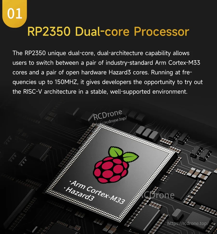RP2350 dual-core processor graphic showing Cortex-M33 and Hazard3 (RISC‑V) architecture options up to 150MHz