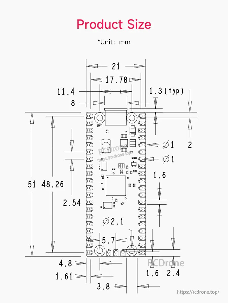 Raspberry Pi Pico 2 board dimensions drawing in millimeters with mounting hole and pin pitch measurements