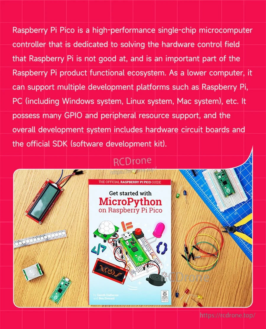 MicroPython on Raspberry Pi Pico starter graphic with development accessories and guidebook cover on workbench