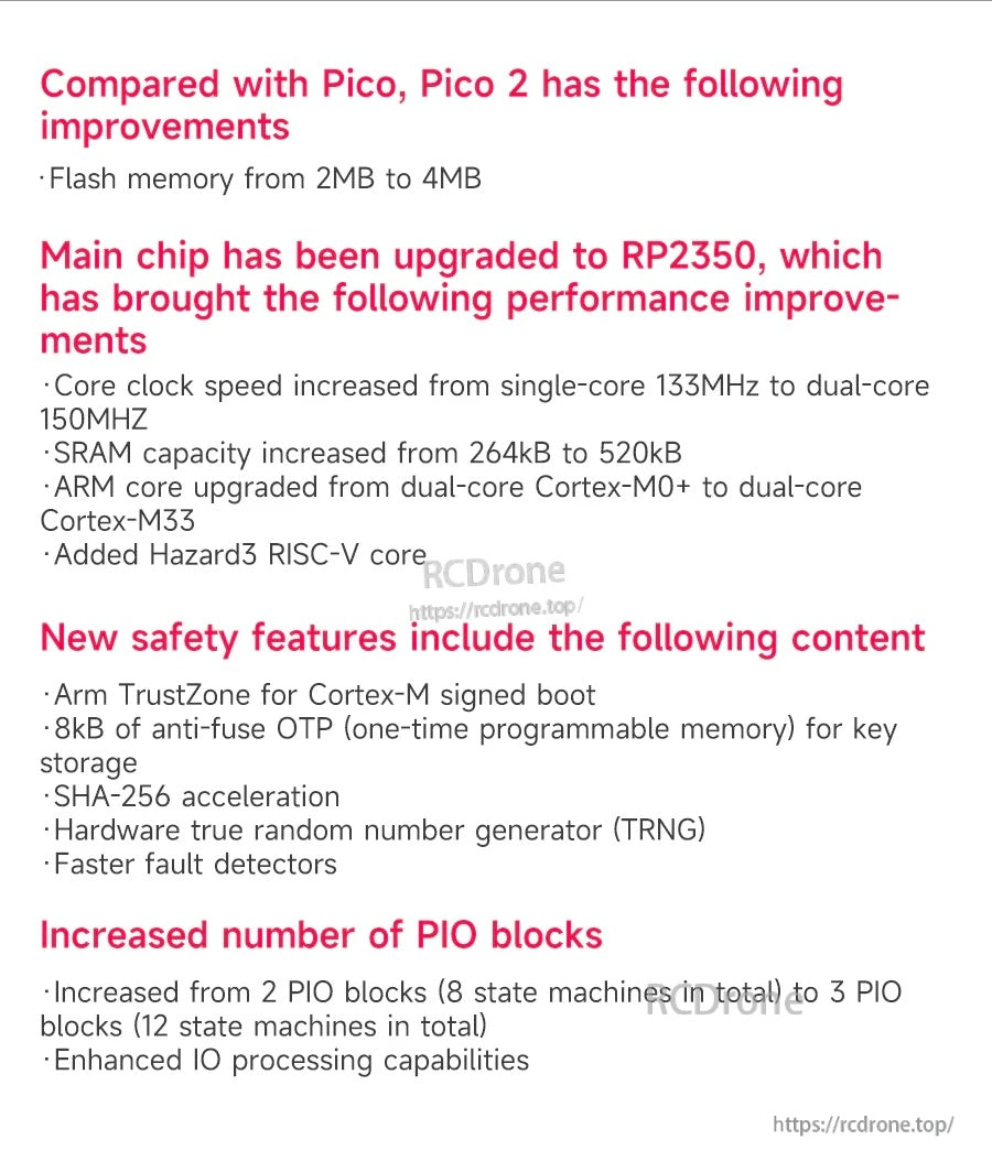 Pico 2 vs Pico upgrade summary: RP2350, more SRAM, higher clock speed, added security features, and extra PIO blocks