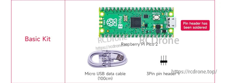 Raspberry Pi Pico 2 basic kit with Pico 2 board, soldered pin headers, micro USB cable, and 3-pin header