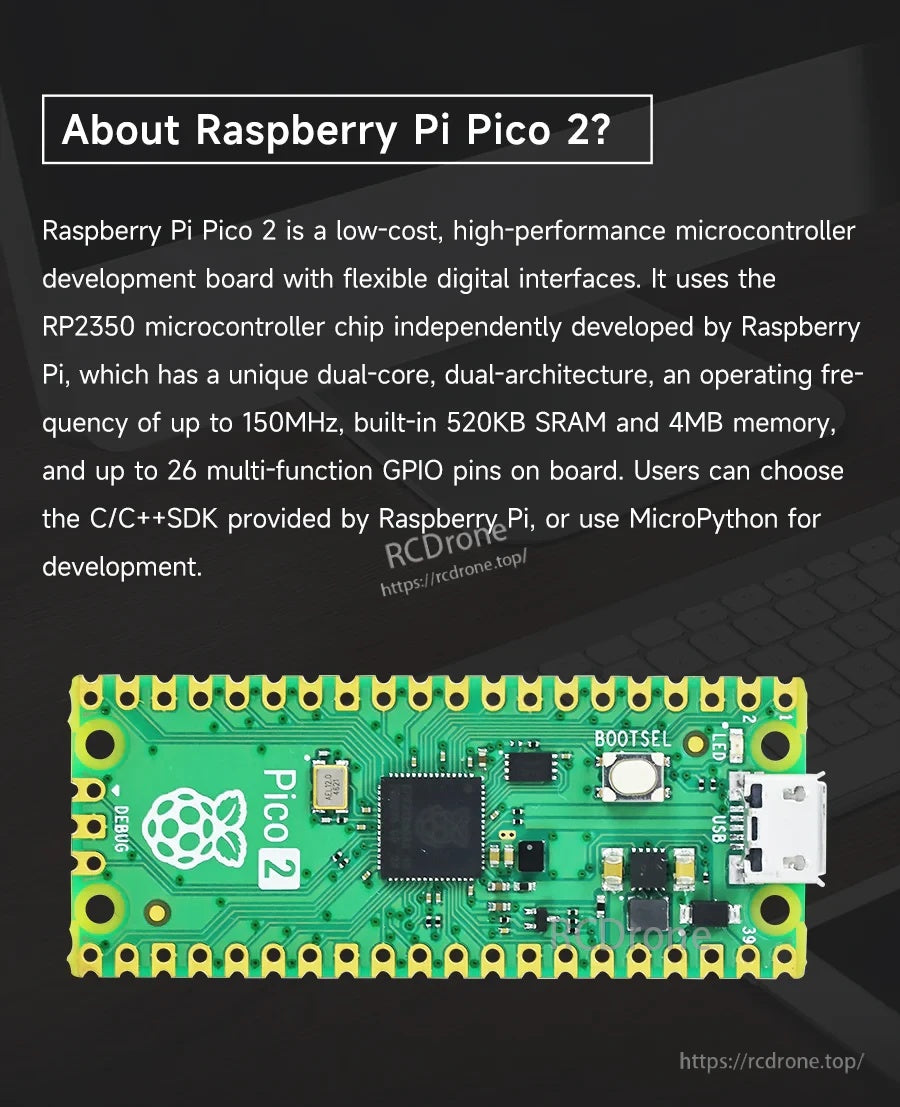 Raspberry Pi Pico 2 board close-up with BOOTSEL button, RP2350 chip, and 40-pin castellated footprint