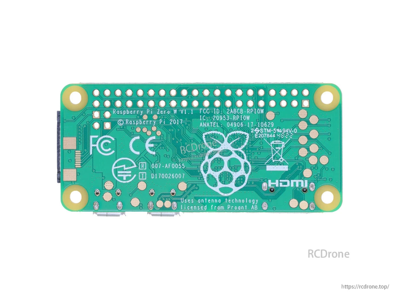 Raspberry Pi Zero W has a BCM2835 1GHz processor, 512MB memory, Wi-Fi, Bluetooth, Mini HDMI, and 40-pin GPIO header.