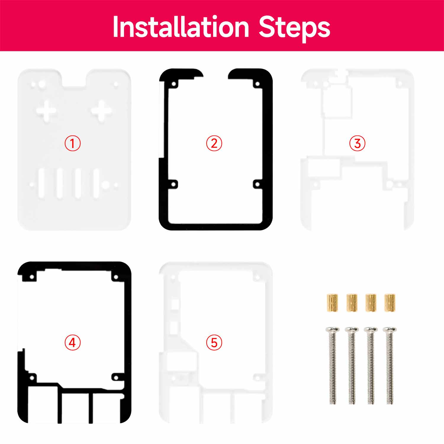 Installation steps diagram showing acrylic layers, brass standoffs, and screw set (1–5)