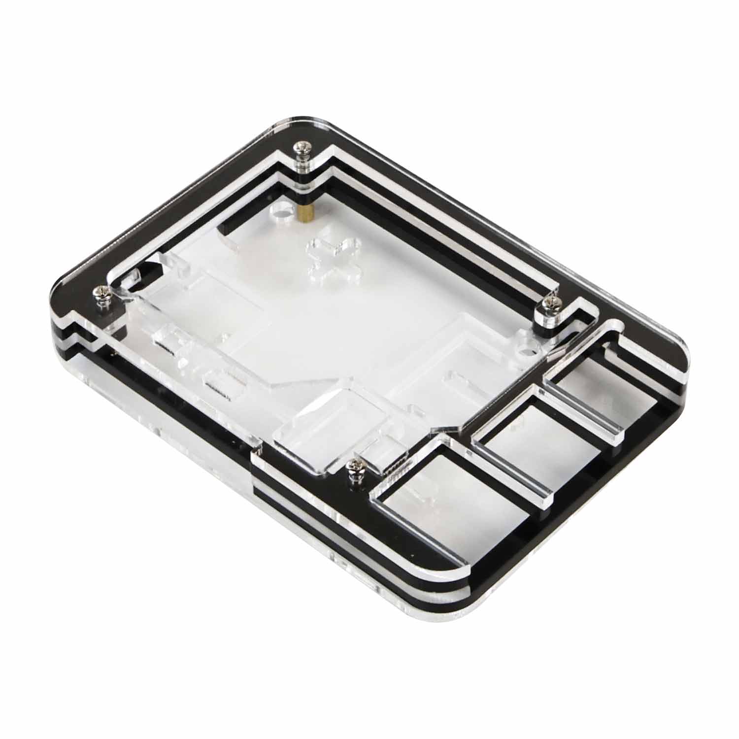 5-Layer Acrylic Case bottom panel with layered black-and-clear acrylic and port cutouts