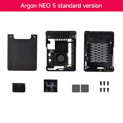 Argon NEO 5 standard version package contents: top cover, fan frame, bottom shell, pads, SD cover, screws
