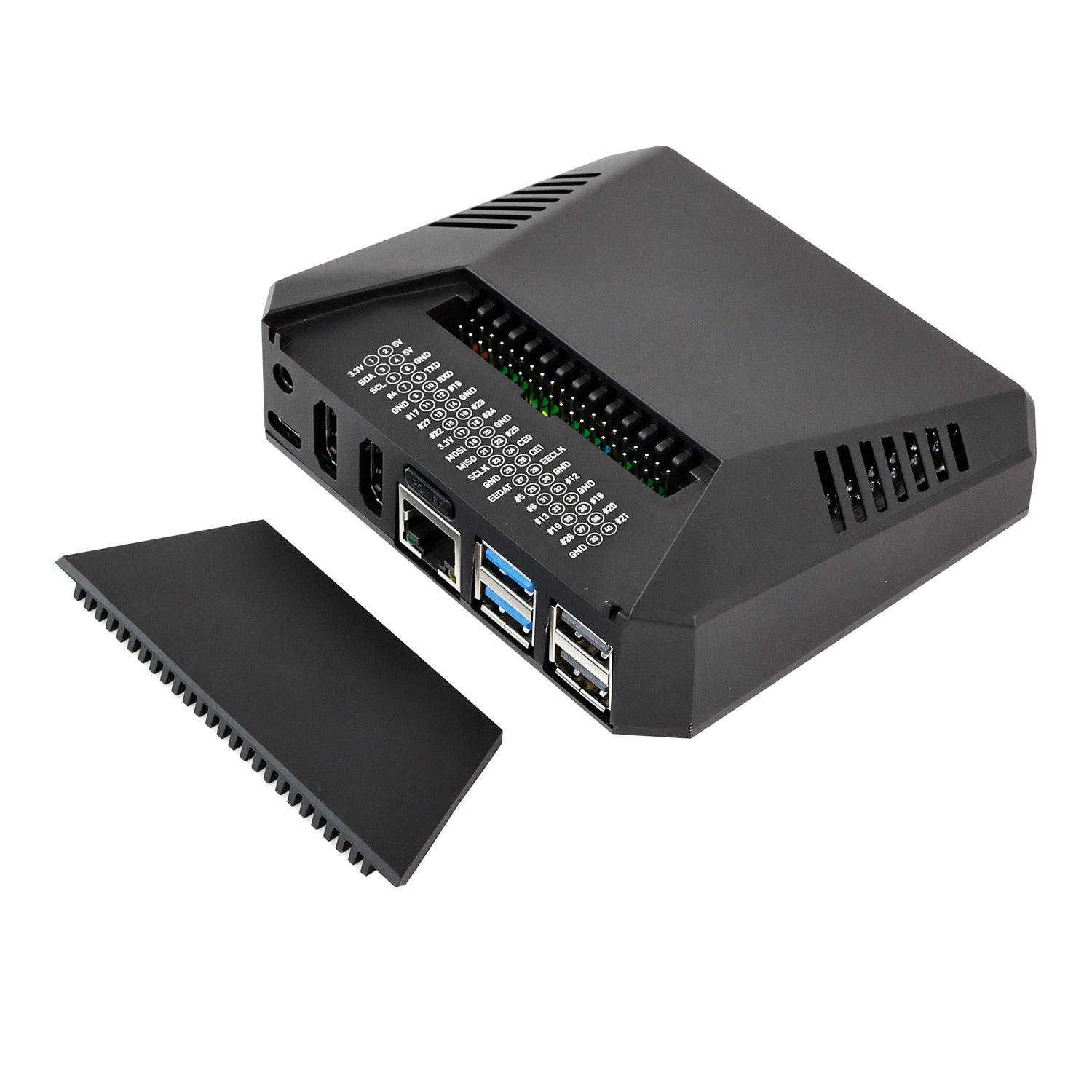 Argon ONE V3 Case for Raspberry Pi 5, angled view showing ports and removable side panel