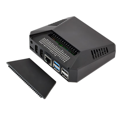 Argon ONE V3 Case for Raspberry Pi 5, angled view showing ports and removable side panel