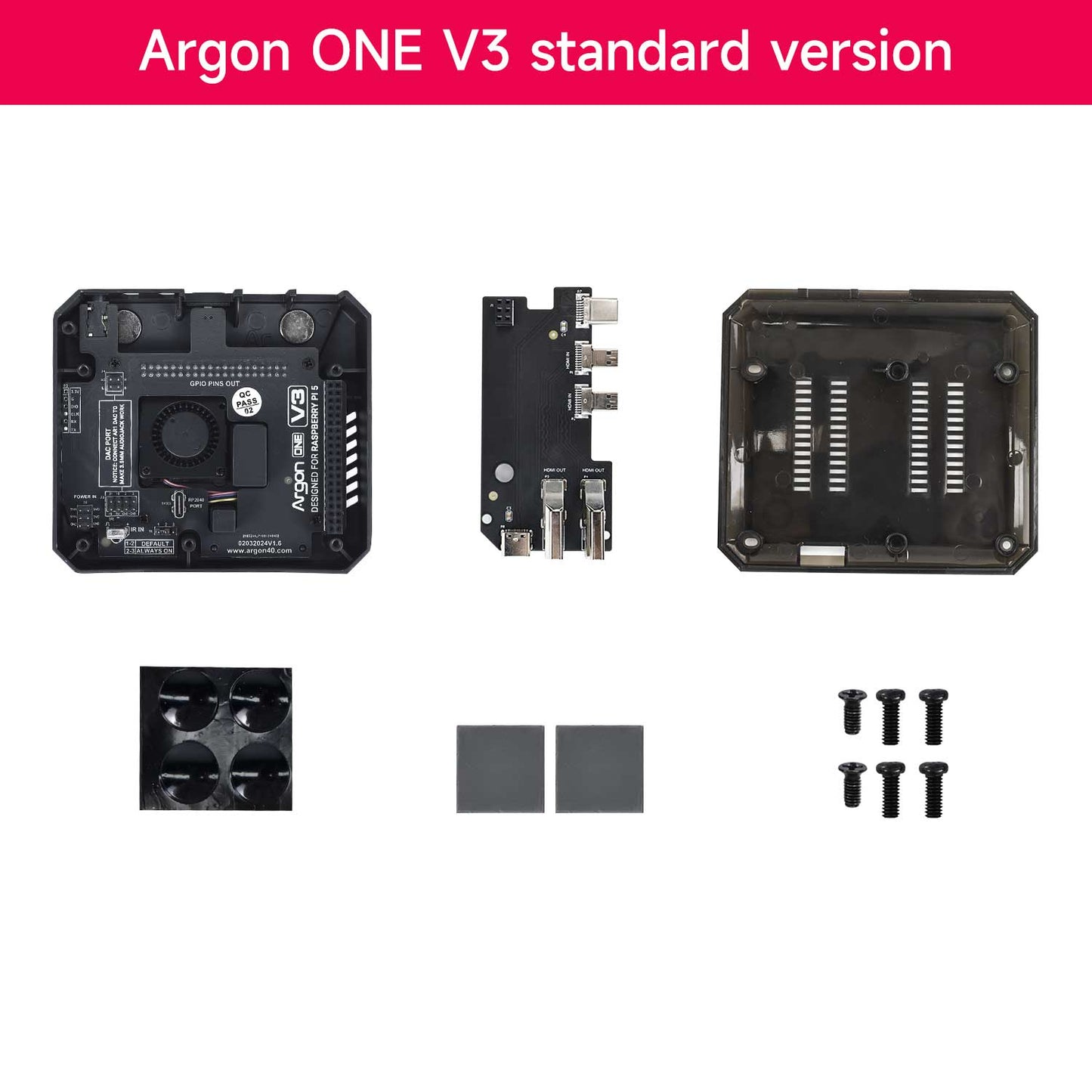 Argon ONE V3 standard version contents: case parts, fan module, thermal pads, rubber feet, screws