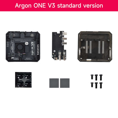 Argon ONE V3 standard version contents: case parts, fan module, thermal pads, rubber feet, screws