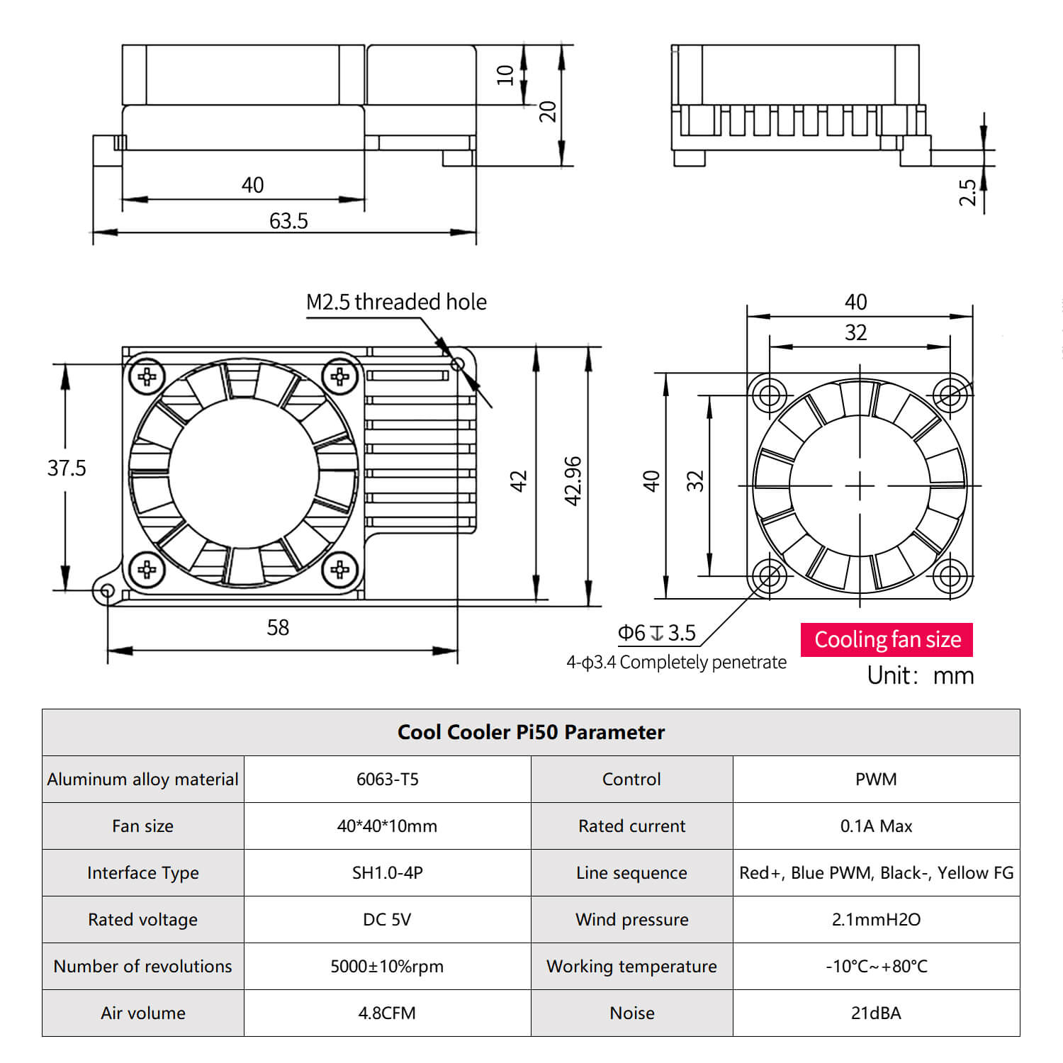 Cool Cooler Pi50 dimension drawing and parameters table for 40×40×10mm fan and heatsink (units: mm)