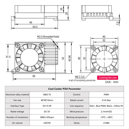 Cool Cooler Pi50 dimension drawing and parameters table for 40×40×10mm fan and heatsink (units: mm)