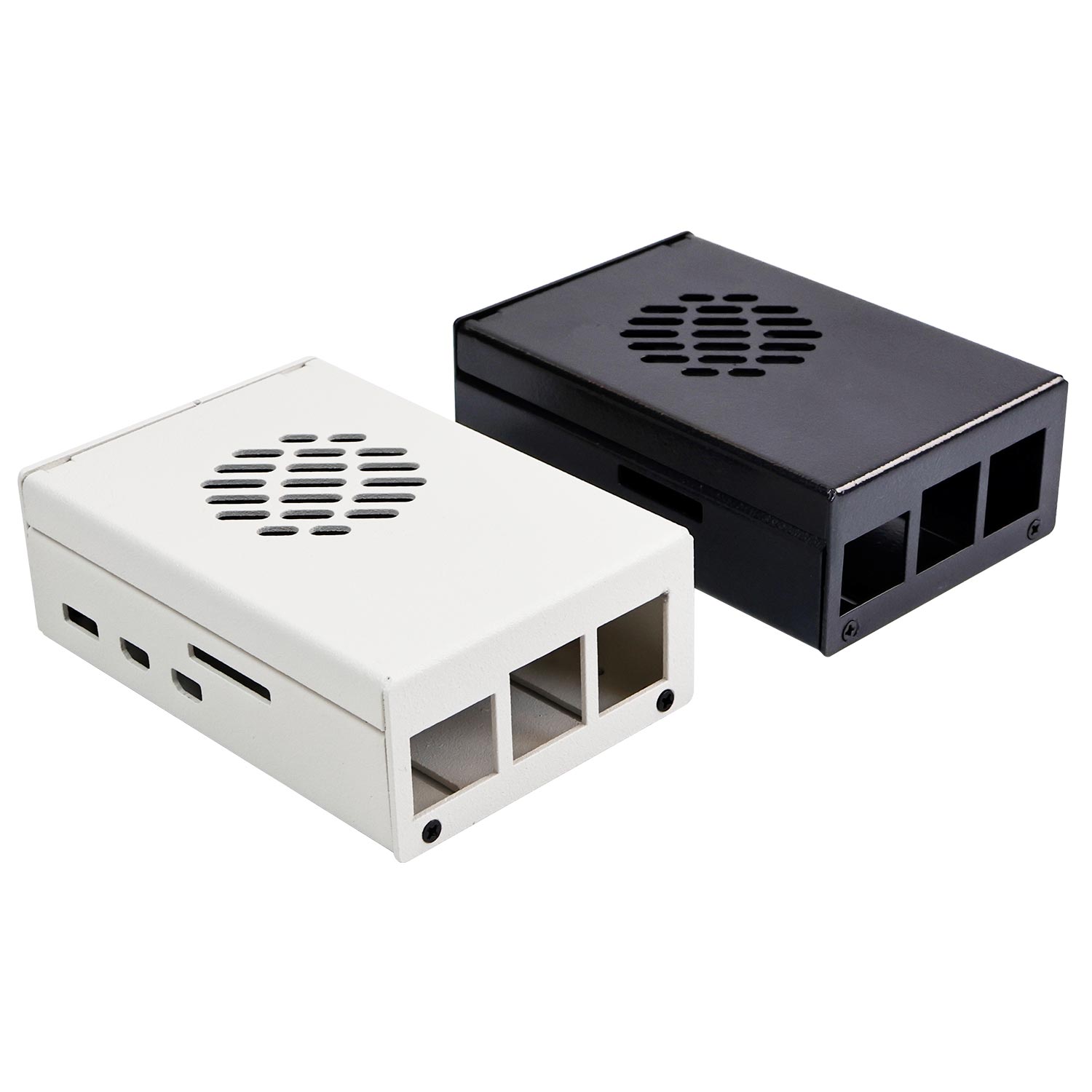 Raspberry Pi 5 metal case in black and white, top-vented design with cutouts for Raspberry Pi ports