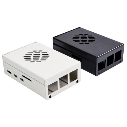 Raspberry Pi 5 metal case in black and white, top-vented design with cutouts for Raspberry Pi ports
