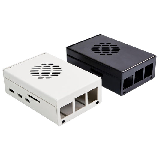 Raspberry Pi 5 metal case in black and white, top-vented design with cutouts for Raspberry Pi ports