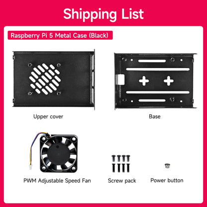 Package contents for black case: upper cover, base, PWM adjustable fan, screw pack, and power button
