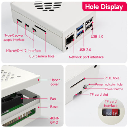 Port and button cutouts diagram: USB-C power, micro HDMI, CSI, USB 3.0/2.0, Ethernet, TF slot, PCIe hole