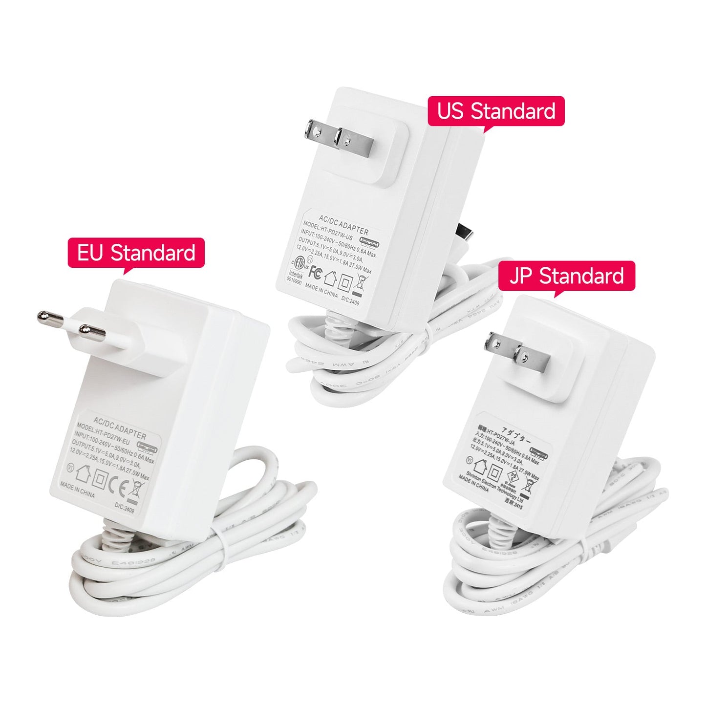 Yahboom 27W USB-C PD Power Supply (5.1V/5A) for Raspberry Pi 5, 1.2m Cable, US/EU/JP Plug