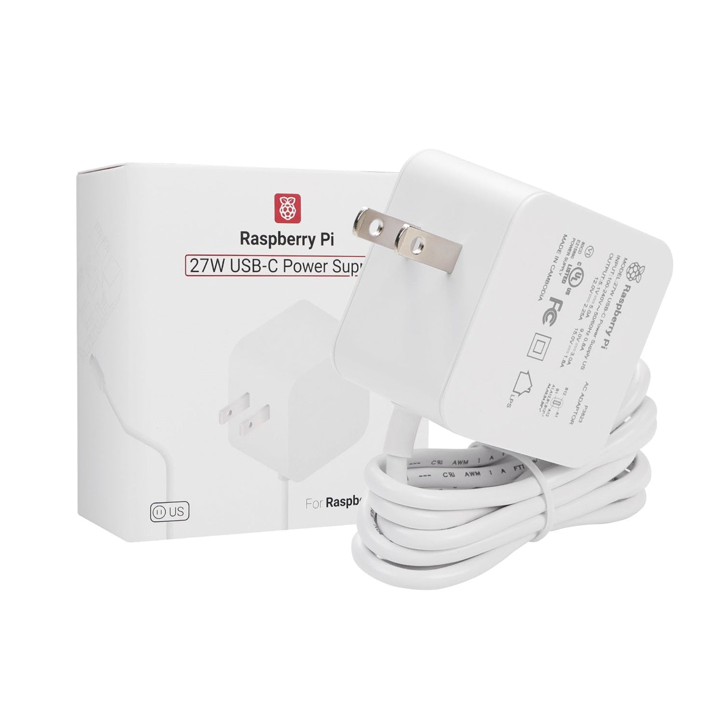 Raspberry Pi 5 Official 27W USB-C Power Supply with US plug, coiled USB-C cable and retail box