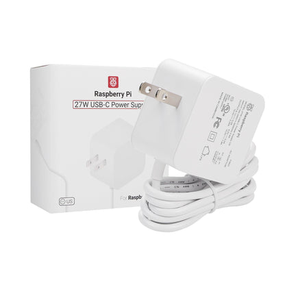 Raspberry Pi 5 Official 27W USB-C Power Supply with US plug, coiled USB-C cable and retail box