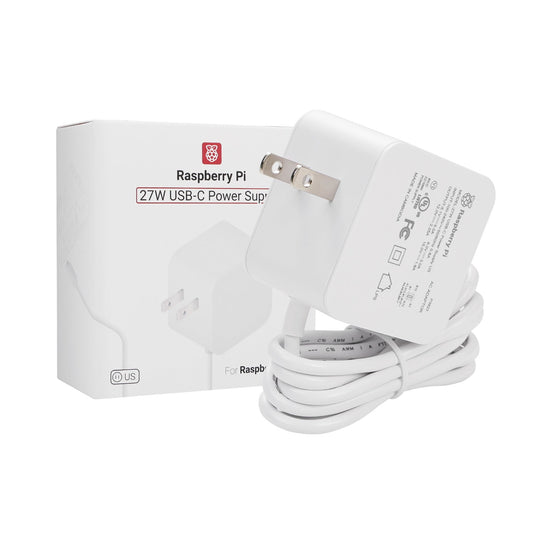 Raspberry Pi 5 Official 27W USB-C Power Supply with US plug, coiled USB-C cable and retail box