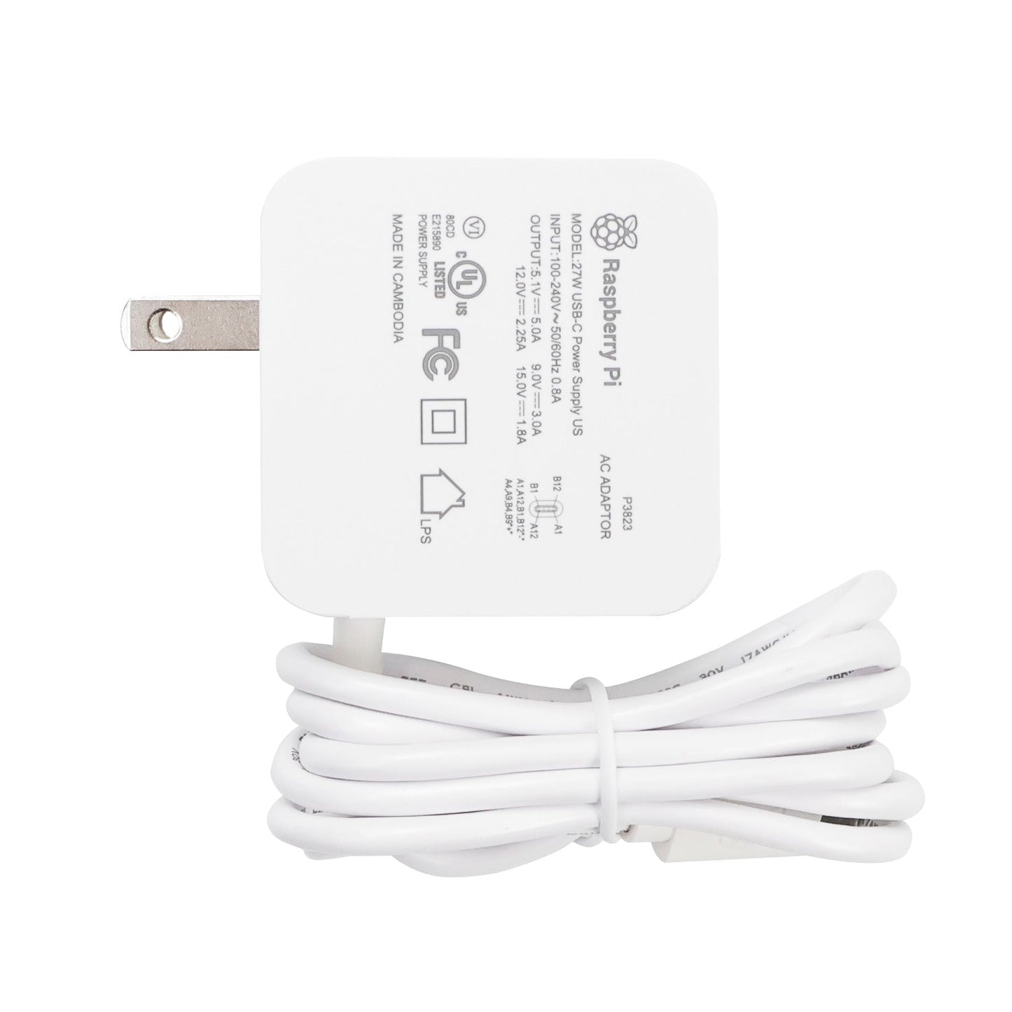 Official Raspberry Pi 27W USB-C power adapter label view with US plug and attached cable