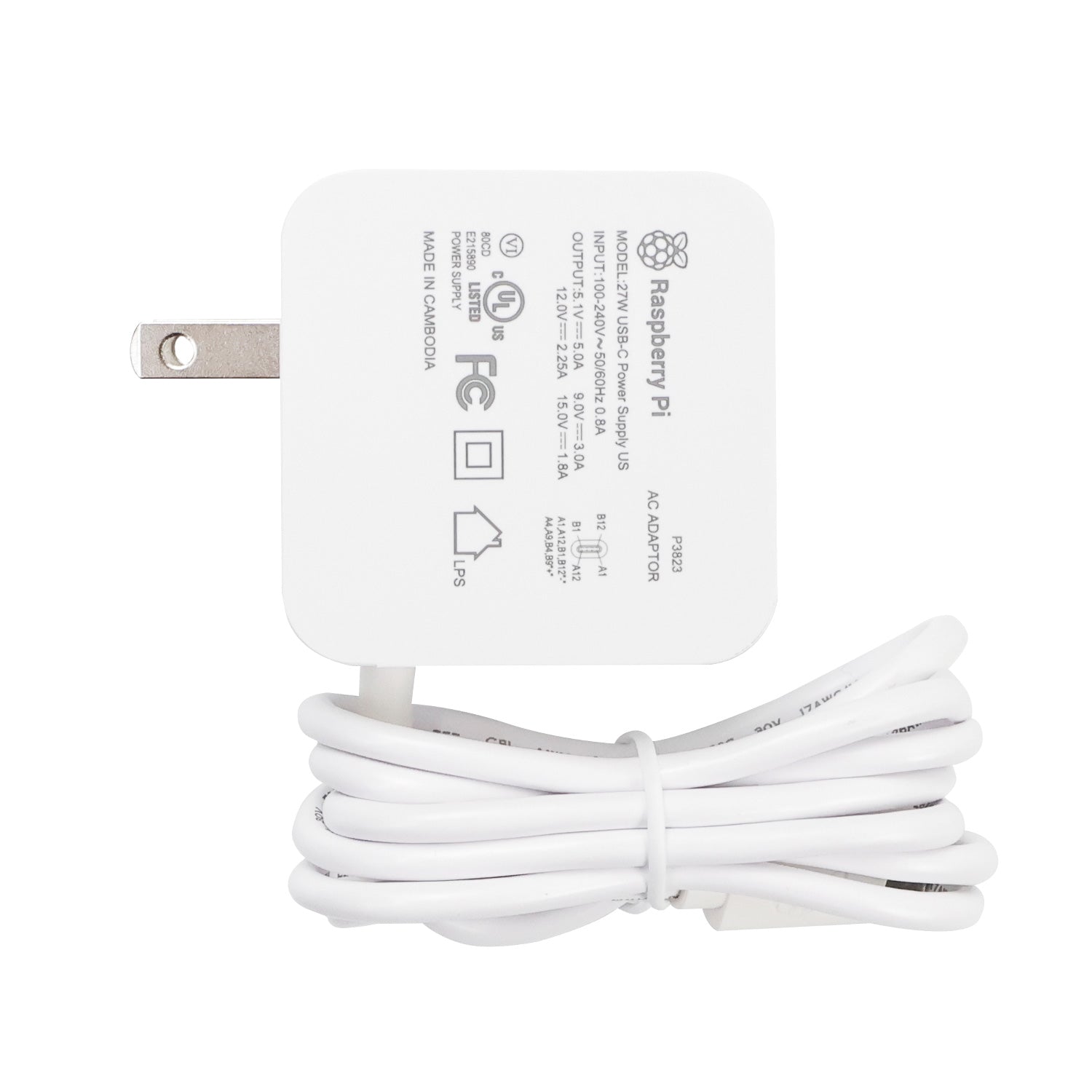 Official Raspberry Pi 27W USB-C power adapter label view with US plug and attached cable