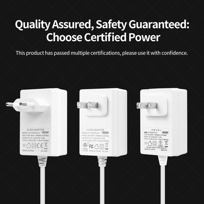 Certified power adapter graphic showing EU, US, and JP plug versions with safety assurance text