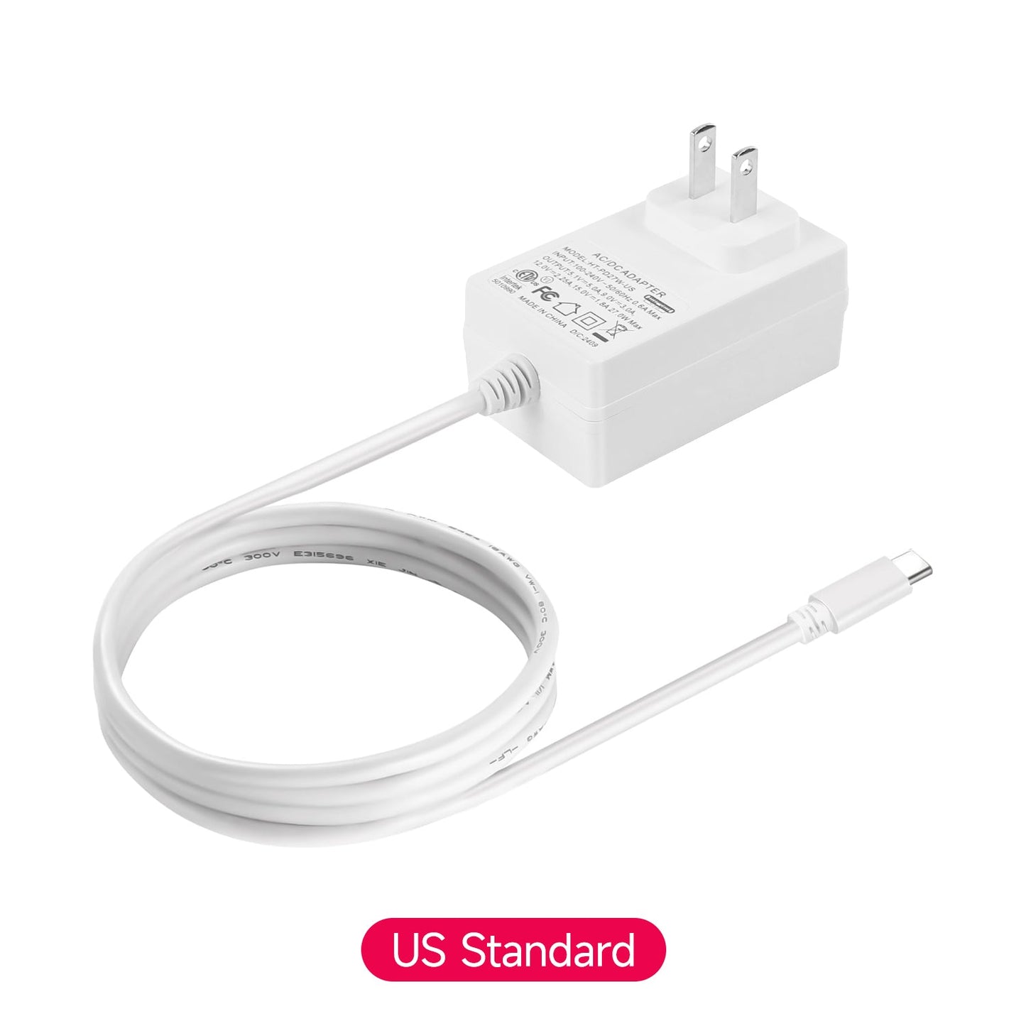Yahboom 27W USB-C PD Power Supply US plug with attached USB-C cable on white background