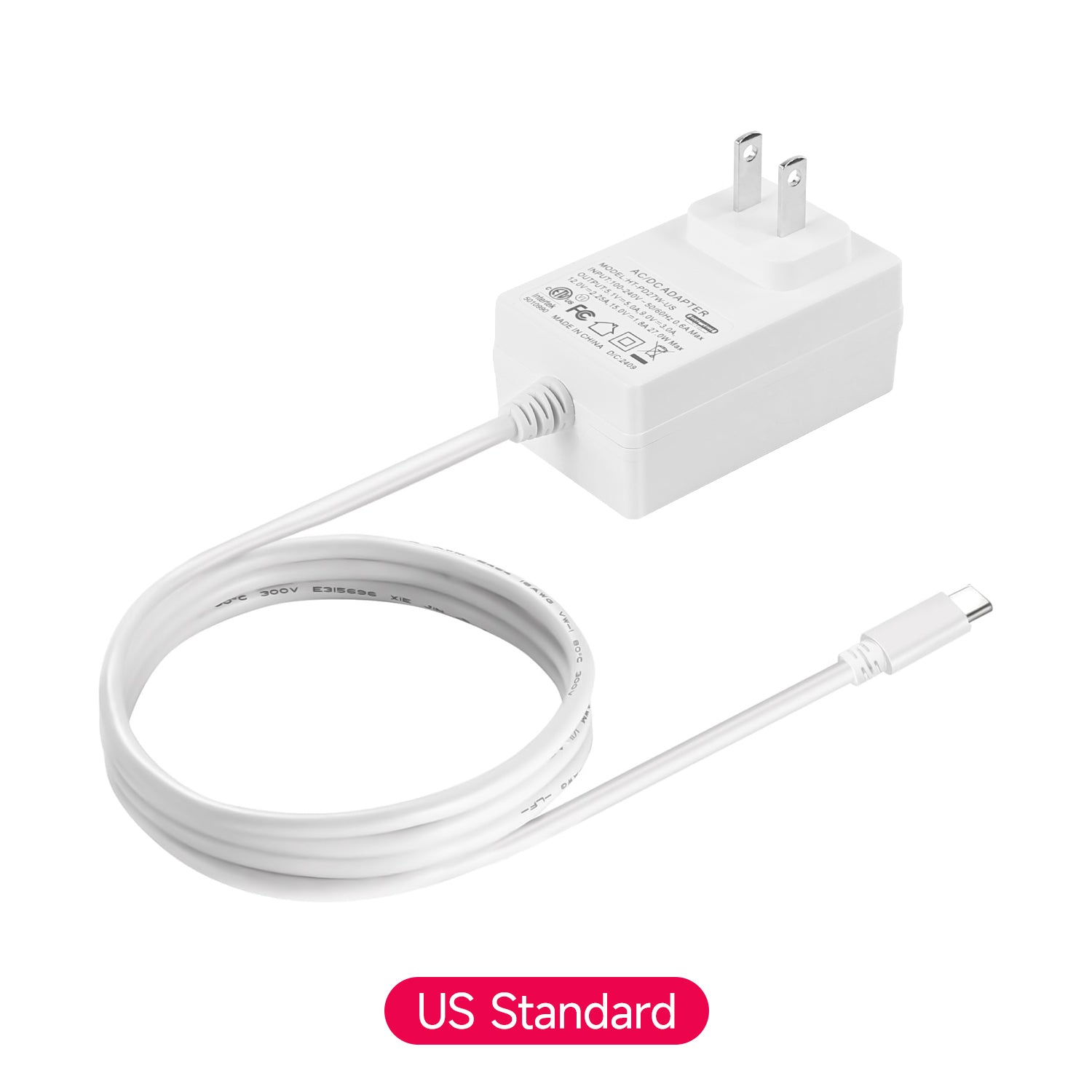 Yahboom 27W USB-C PD Power Supply US plug with attached USB-C cable on white background