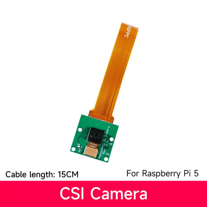 CSI camera module with 15cm ribbon cable shown on white background, labeled for Raspberry Pi 5