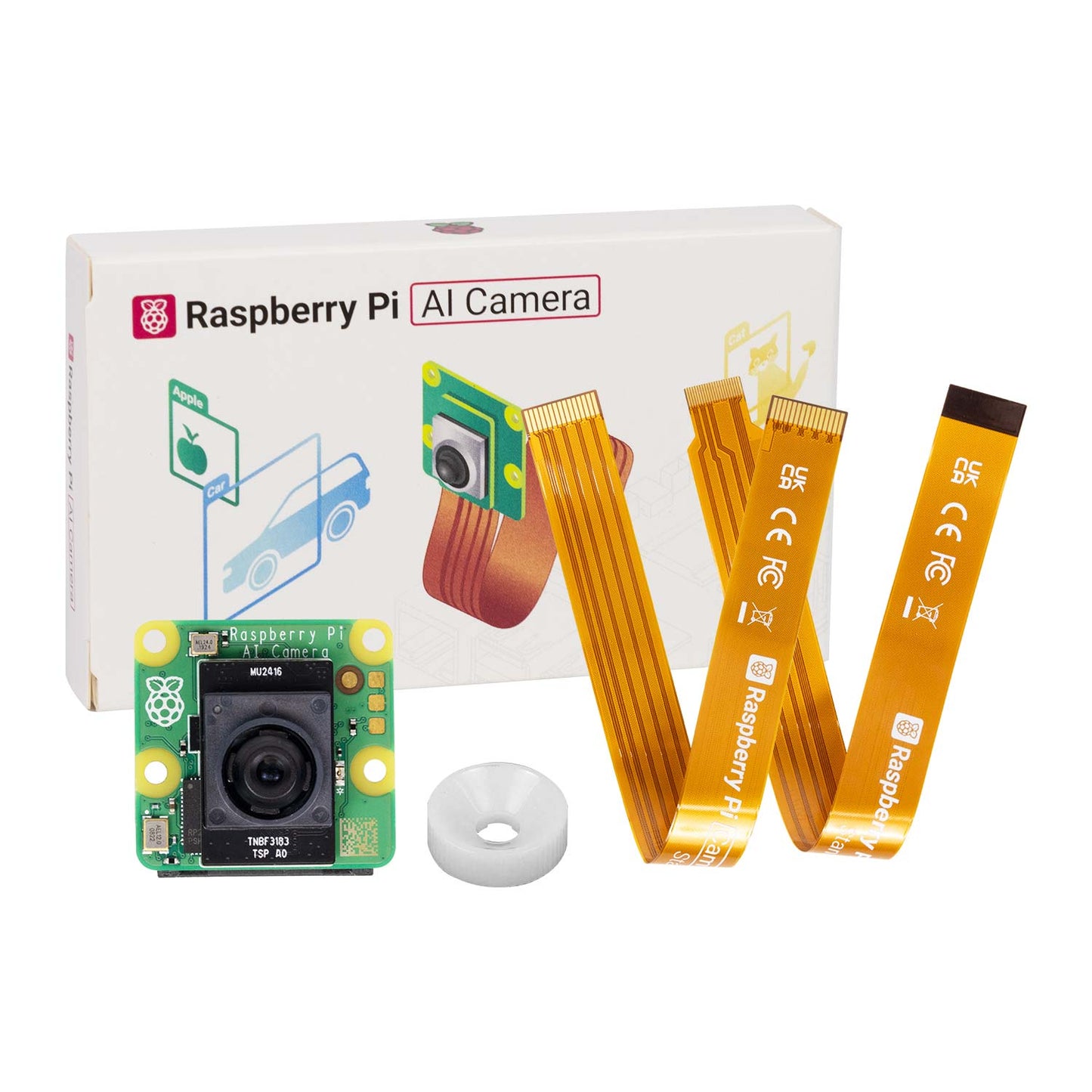 Raspberry Pi AI Camera kit with retail box, camera module, two ribbon cables and mounting ring