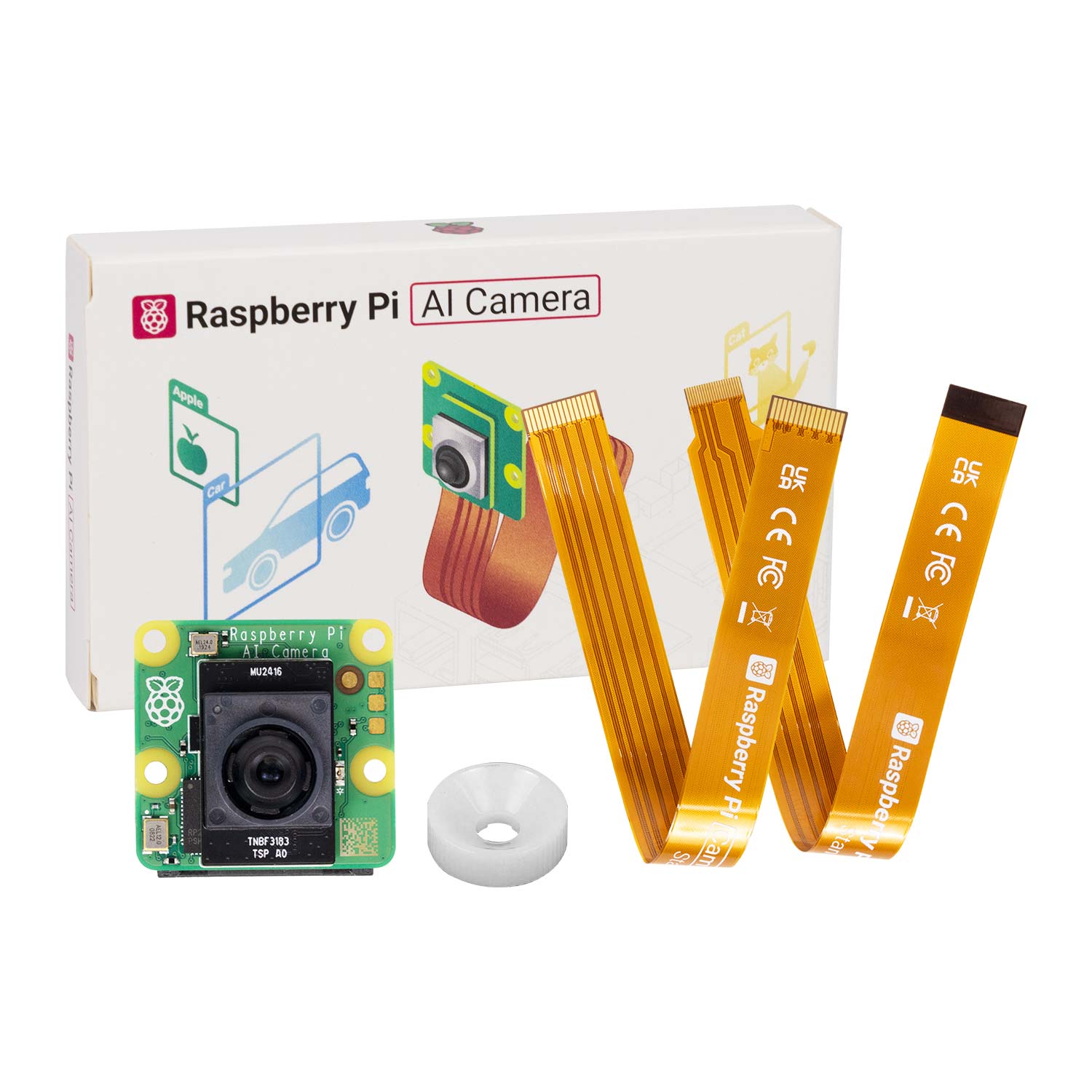 Raspberry Pi AI Camera kit with retail box, camera module, two ribbon cables and mounting ring