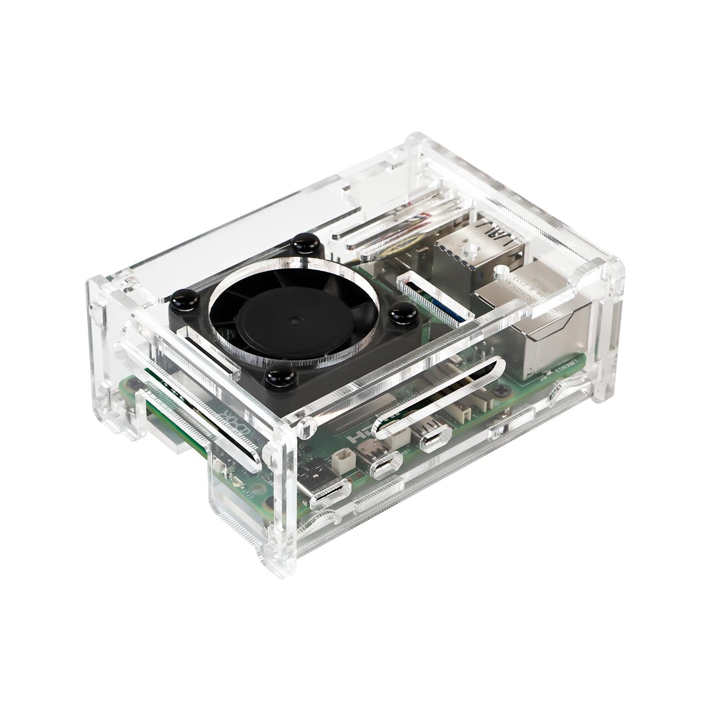 Yahboom Raspberry Pi 5 Acrylic Case installed on Raspberry Pi 5 with top-mounted cooling fan