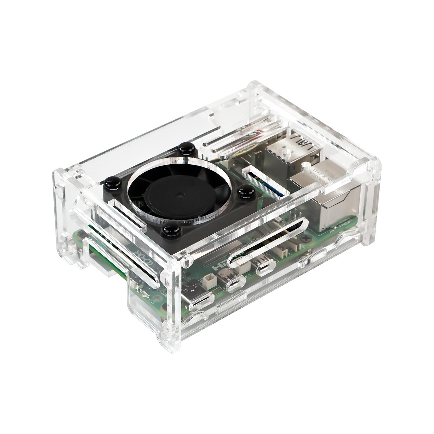 Yahboom Raspberry Pi 5 Acrylic Case installed on Raspberry Pi 5 with top-mounted cooling fan